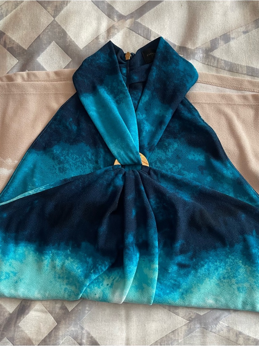 Teal and Navy Tie-Dye Halter Blo with Gold Accent